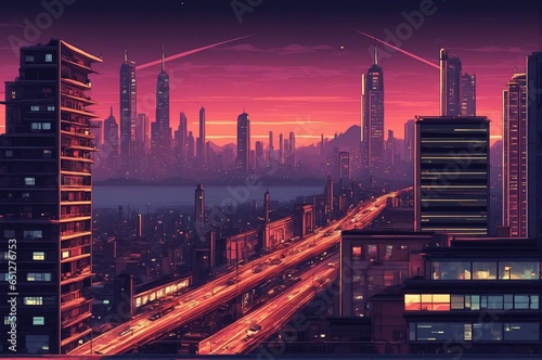 Pixel Art Illustration of a Cyberpunk Cityscape at Night with Skyscrapers, Neon Lights, Billboards, Cars, Theater Marquee, & Electric Wires. Retro Video Game Pixelart City. [Sci-Fi, Fantasy, Historic]