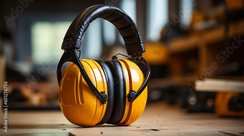 Close up of orange earmuffs on table in workshop. Safety, construction concept. photo