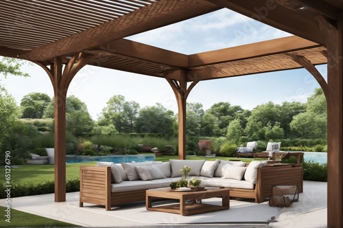 Backyard living space with outdoor furniture next to pool under a pergola, AI assisted finalized in Photoshop by me 