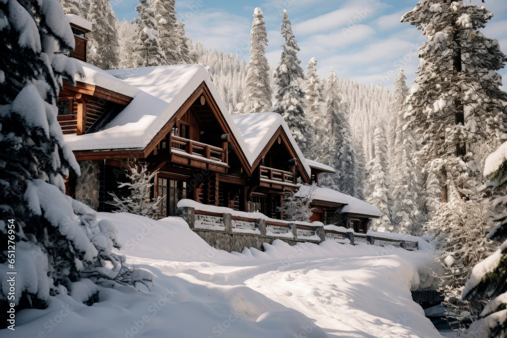 Generative AI illustration of Wooden luxury house in the mountain with snowy landscape