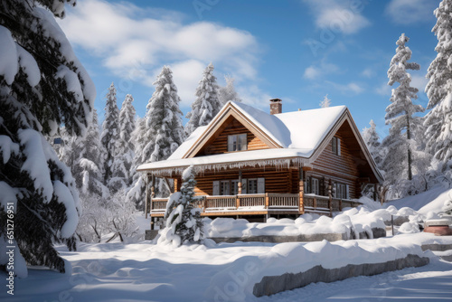 Generative AI illustration of Wooden luxury house in the mountain with snowy landscape