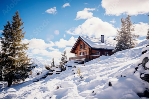 Generative AI illustration of Wooden luxury house in the mountain with snowy landscape © Eduardo Lopez