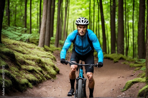 Man Riding a Mountain Bike Through the Woods