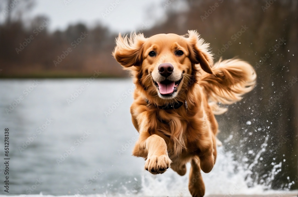 Golden retriever dog jumping happily in the air catching a ball - Golden retriever dog jumping happily in the air catching a ball -