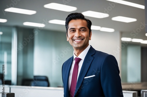 portrait of a handsome smiling asian indian businessman boss in a suit standing in his modern business company office. his workers standing in the blurry background. 