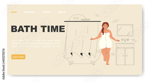Bath time concept of landing page with girl bathtub. Plump female character washes with bubbles