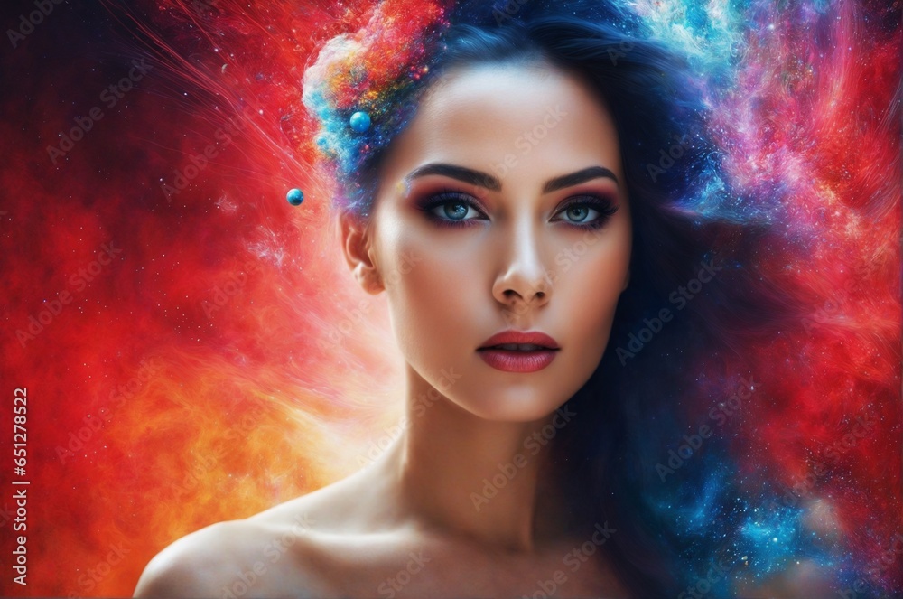 Beautiful Fantasy Abstract Portrait of a Woman with a Colorful Digital Paint Splash or Cosmic Nebula Double Exposure