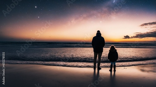Dads and son look at the night sky, stars and moon, father's day, family