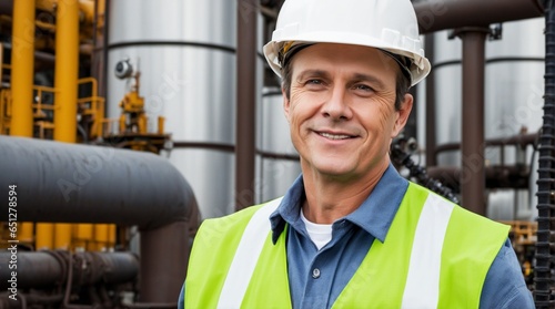 Composite Image of Engineer Wearing Safety Helmet at Oil Refinery