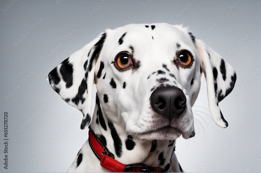 Studio Portrait of a Dalmatian Dog Exhibiting a Surprised Expression, Highlighting Pet Photography and the Dalmatian Breed