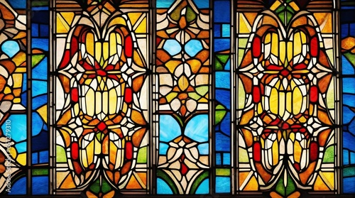 Stained glass window background with colorful abstract shapes, in the style of multidimensional shading, leaf patterns, colorful realism, flowing forms