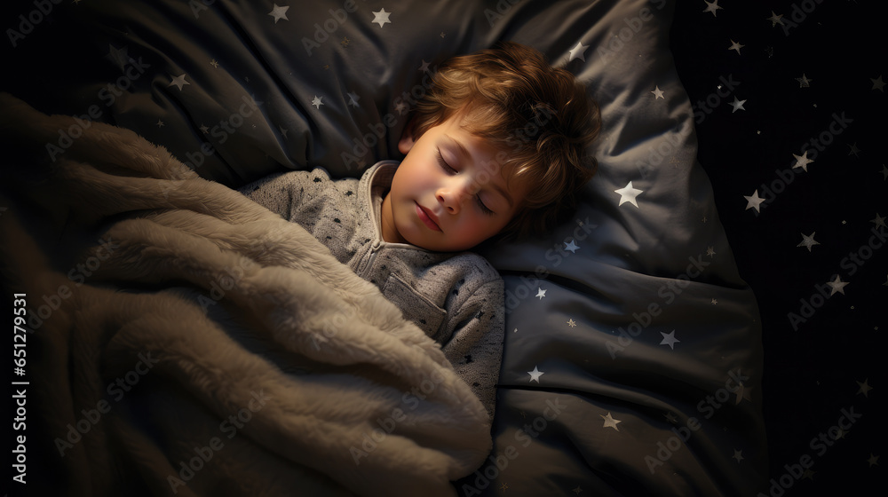 Generative AI, little cute european child sleeping, baby in a crib, boy or girl lying in bed, healthy sleep, linen, childhood, dreams, kid resting, rest, relaxation, daily routine, place for text, nap - obrazy, fototapety, plakaty 