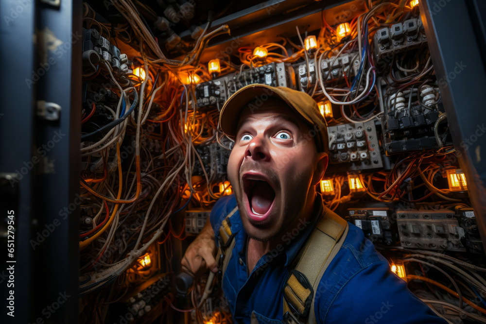 Electrifying expression of a flabbergasted electrician, mouth wide open in surprise, amidst tangled wires and toolkit emphasizing safety. Electrifying expression of a flabbergasted electrician, mouth wide open in surprise, amidst tangled wires and toolkit emphasizing safety.