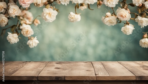 Vintage wooden table top with white roses and blurred blue teal background. Old wooden countertop with retro wallpaper backdrop mockup for product presentation display montage showcase advertising