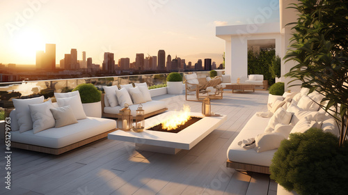 A luxurious, minimalist rooftop terrace with a white theme, furnished with a lounging area, a firepit, and green potted plants, offering breathtaking views of the cityscape