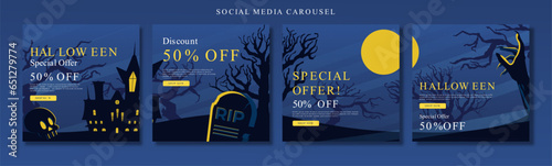 blue and yellow halloween promotion social media feed carousel design template