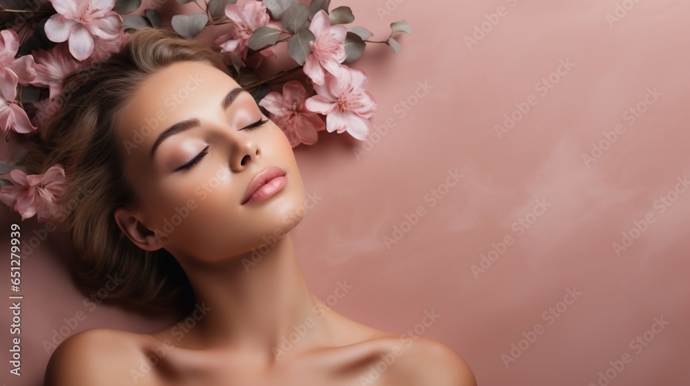 Beautiful young woman with flowers on her head. Spa, skincare.