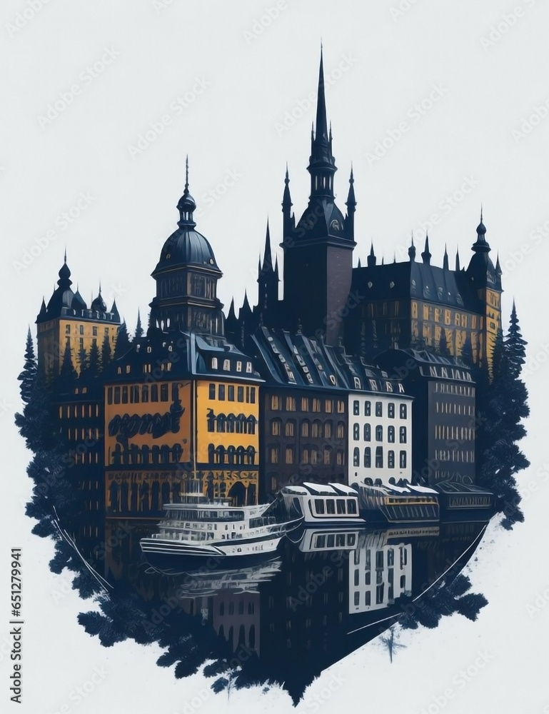 Fototapeta premium Illustration of the city of Stockholm a monochromatic vintage double exposure 2