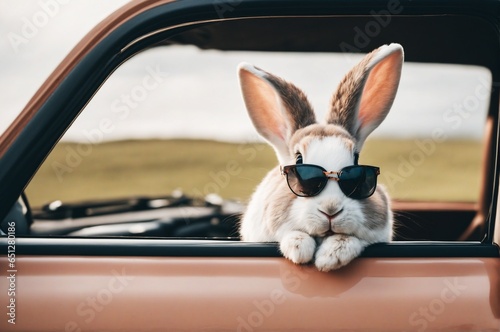 Obraz na płótnie Adorable Sunglass-Wearing Easter Bunny Peeking from a Car Full of Easter Eggs w salonie