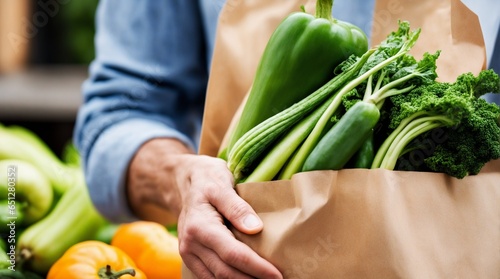 A detailed view of a person's hand gripping an eco-friendly grocery bag with vegetables visible behind at a community farmers market