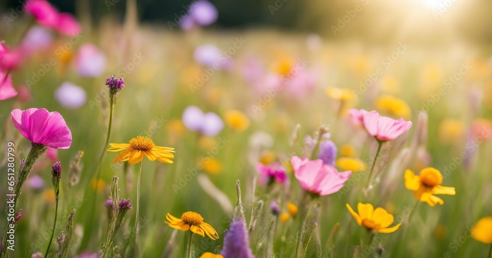 Colorful flower meadow with sunbeams and bokeh lights in summer - nature background banner with copy space - summer greeting card wildflowers spring concept