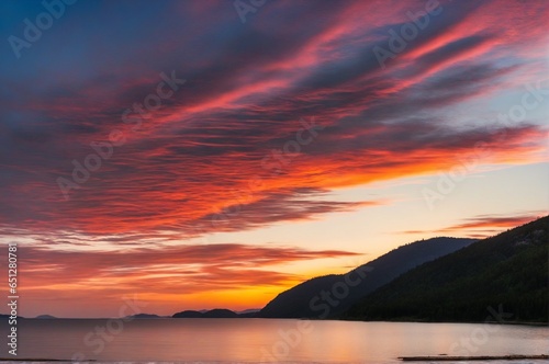 A Picture of a Bright Sunset Above a Peaceful Lake with Vivid Reflections on the Surface © SR07XC3