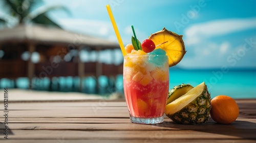 Photo of a refreshing tropical cocktail garnished with a pineapple slice and a cherry on top created with Generative AI technology photo