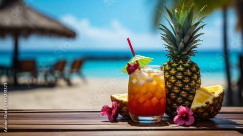 Photo of a refreshing tropical cocktail with a pineapple garnish on a rustic wooden table created with Generative AI technology