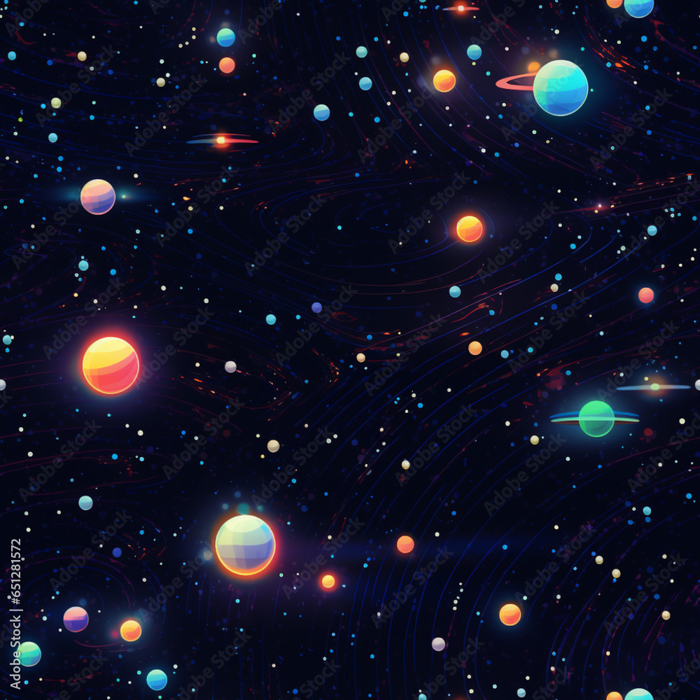 pattern of stars and planets in pixel art style, with vibrant colors and fun details, on a dark blue background 12