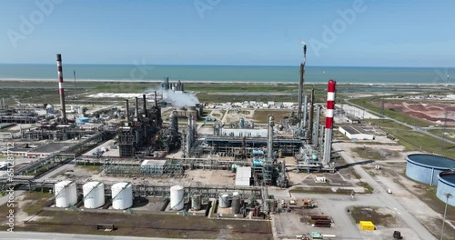 Heavy petro chemical industry facility, aerial drone view. Refinery, processing, chemical products, industrial chemistry, petrochemicals, plastic materials and synthetic materials.