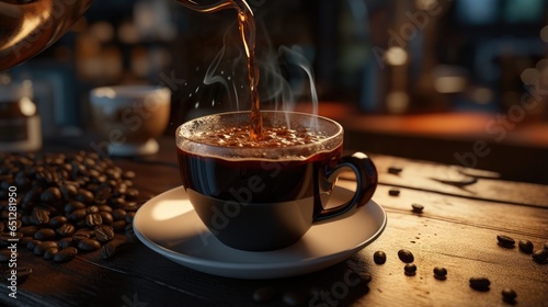 steamy moment as hot coffee is poured from a cezve into a cup on a cozy table.