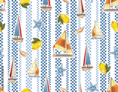 Stylish Vertical Checkered striped with Nautical Elememt Lemon , Sail boat , Sea stars Seamless pattern Illustrations photo