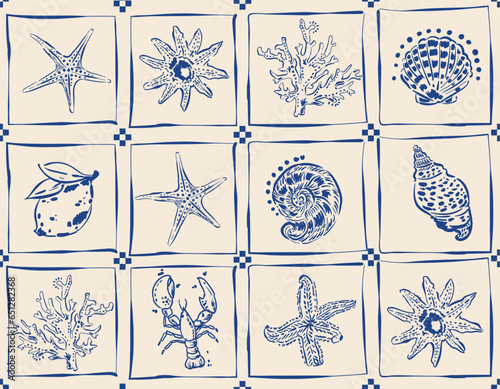 Retro  Tropical  Summer Hand drawn  , Oceans Animal , Leaves ,  Sea shell , Nautical Boat repeat in retro style.