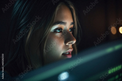 Protrait of a young girl interacting with tablet / laptop reflection on her face