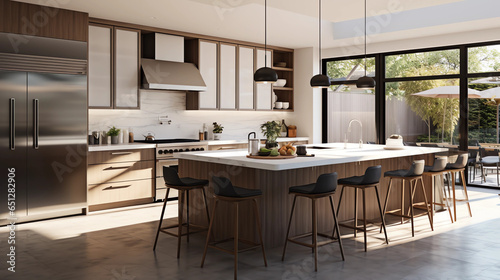 A sleek, modern kitchen design with an emphasis on white surfaces, showcasing state-of-the-art appliances, a breakfast bar with stylish stools, and pendant lighting, all accentuated by the abundance o
