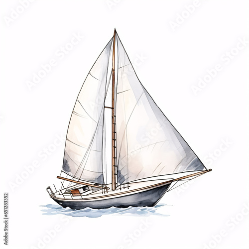 A hand-painted watercolor sailboat, captured in intricate detail, floats serenely on a clean, white canvas, illustrating the art of sailing. © ckybe