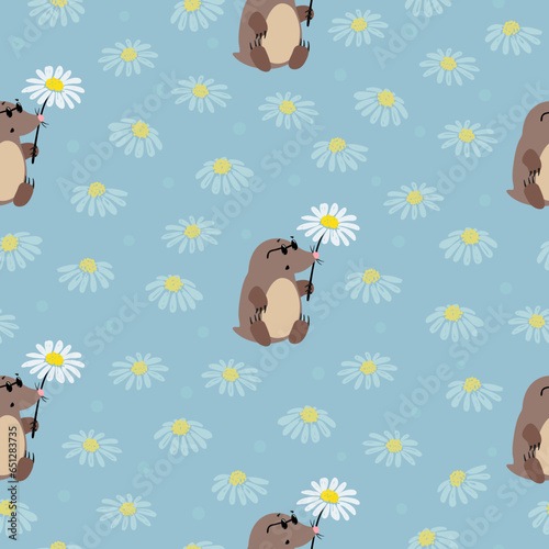 Cute cartoon moles and flowers pattern. Vector childish illustration, nursery design