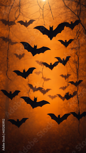 Halloween bats silhouette image with orange background. Vertical image, phone wallpaper size.  (Productive AI)