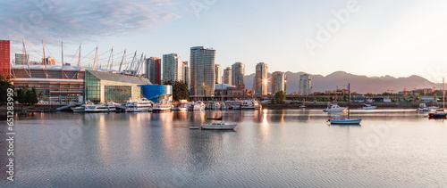 False Creek in downtown Vancouver, British Columbia, Canada. Panorama. Sunrise