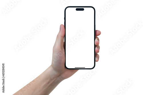Hand showing smartphone with blank screen isolated on white background