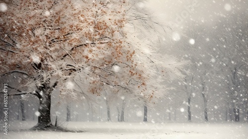  a snowy scene with a tree in the foreground and snow falling on the ground. generative ai
