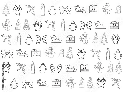 Christmas icon set with snowflakes  hats  star  Christmas tree  balls  orange  sock  gift  drink and garlands. Vector icons for business and holidays