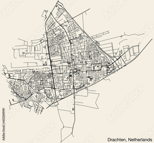 Detailed hand-drawn navigational urban street roads map of the Dutch city of DRACHTEN, NETHERLANDS with solid road lines and name tag on vintage background photo