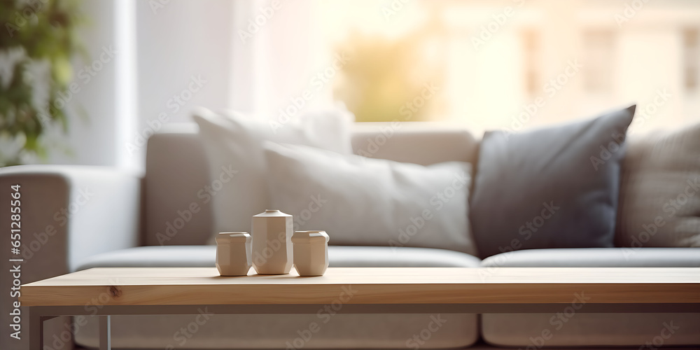 Wooden coffee table with sofa and defocused room background, space to place product or advertising - obrazy, fototapety, plakaty 