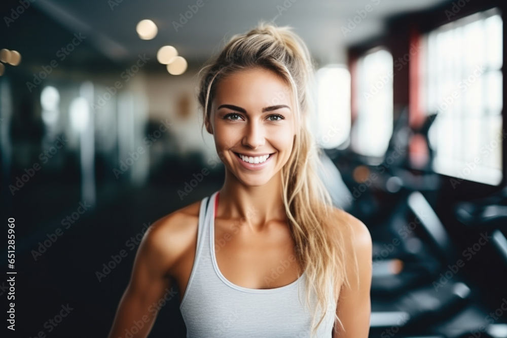 Portrait of smiling handsome young woman posing after training in gym