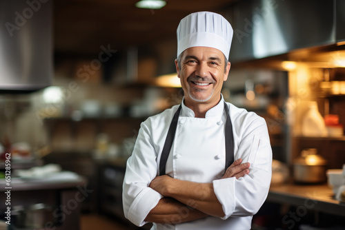 Caucasian middle aged male chef in a chef's hat with arms crossed wears apron st Fototapet