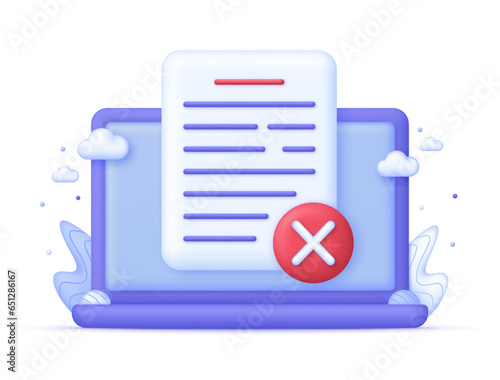 3D Document icon with cross mark on Computer. Incorrectly concept. Symbol for rejected.