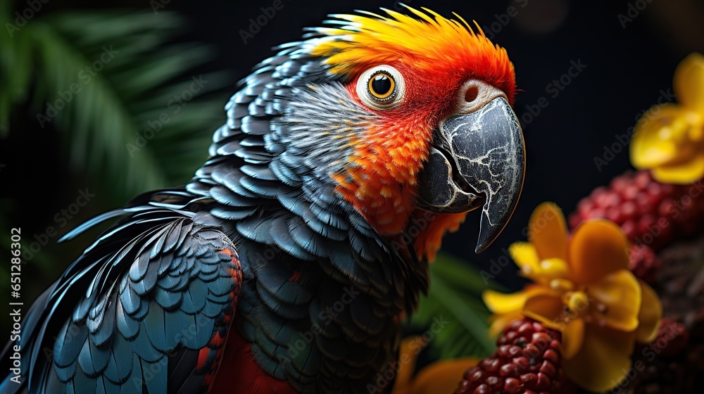 Obraz premium a colorful bird with a yellow and red head and beak. generative ai