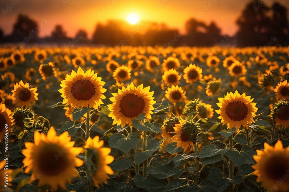 Obraz premium Field of blooming sunflowers bokeh sharp. ai generative