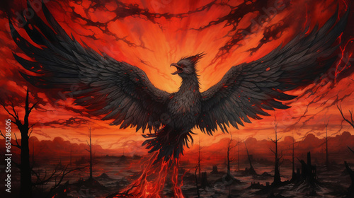 A breathtaking illustration of a phoenix rising from fiery ashes against a twilight sky